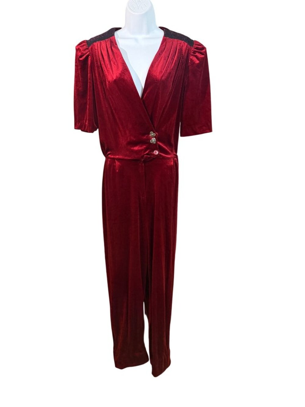 Jodi Michaels Red Velvet Jumpsuit With Heart Buttons & Shoulder Accents Vintage